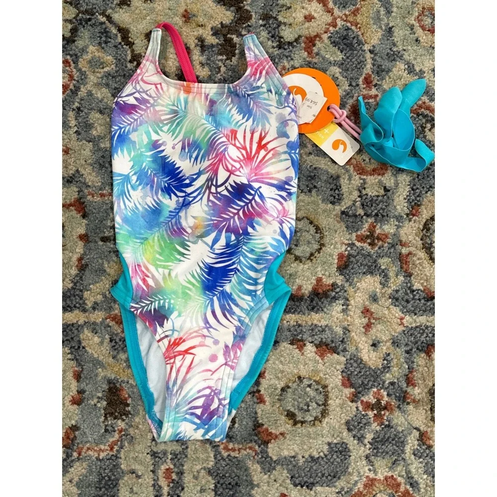 Escargot Swimsuit Girls 4 Multi Tropical Palm One Piece NWT‎